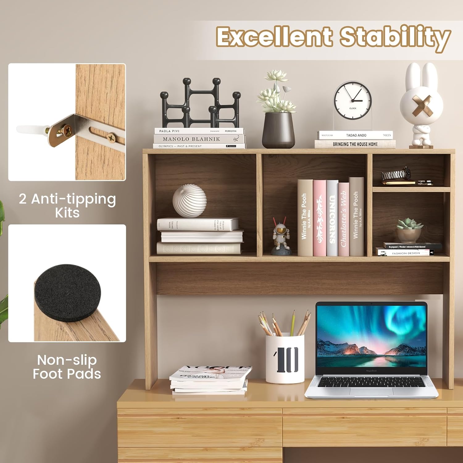 MAT EXPERT Desktop Bookshelf, Wooden Desk Shelf for Top of Desk with Anti-Tipping Kits & Non-Slip Foot Pads, 4 Shelves Waterproof, 2-Tier Multi-Functional Desk Hutch for Home, Office, Dorm (Natural)