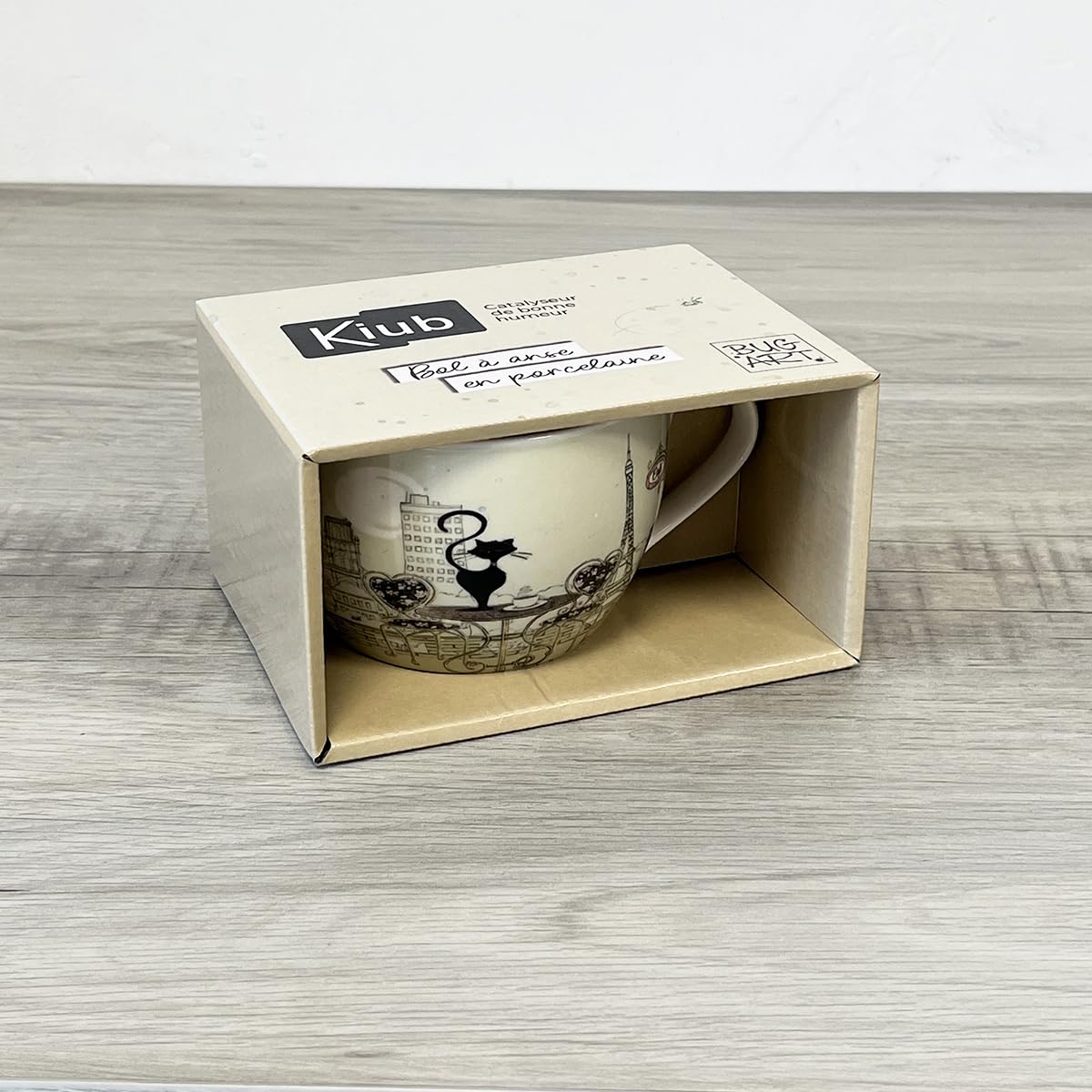 KIUB Bol Chat Avec Anse - Motif Chat Vélo Tour Eiffel - Porcelaine Fine 500ml