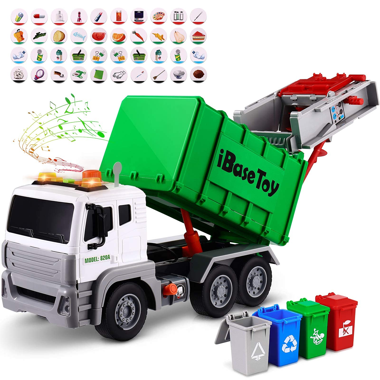 Garbage Truck Toy with Lights& Sounds, Friction-Powered Bin Lorry Toy with 4 Garbage Cans, 12" Real Working Buddies Garbage Truck, Car Gifts for 3 4 5 6 Years Old Kids Girls Boys