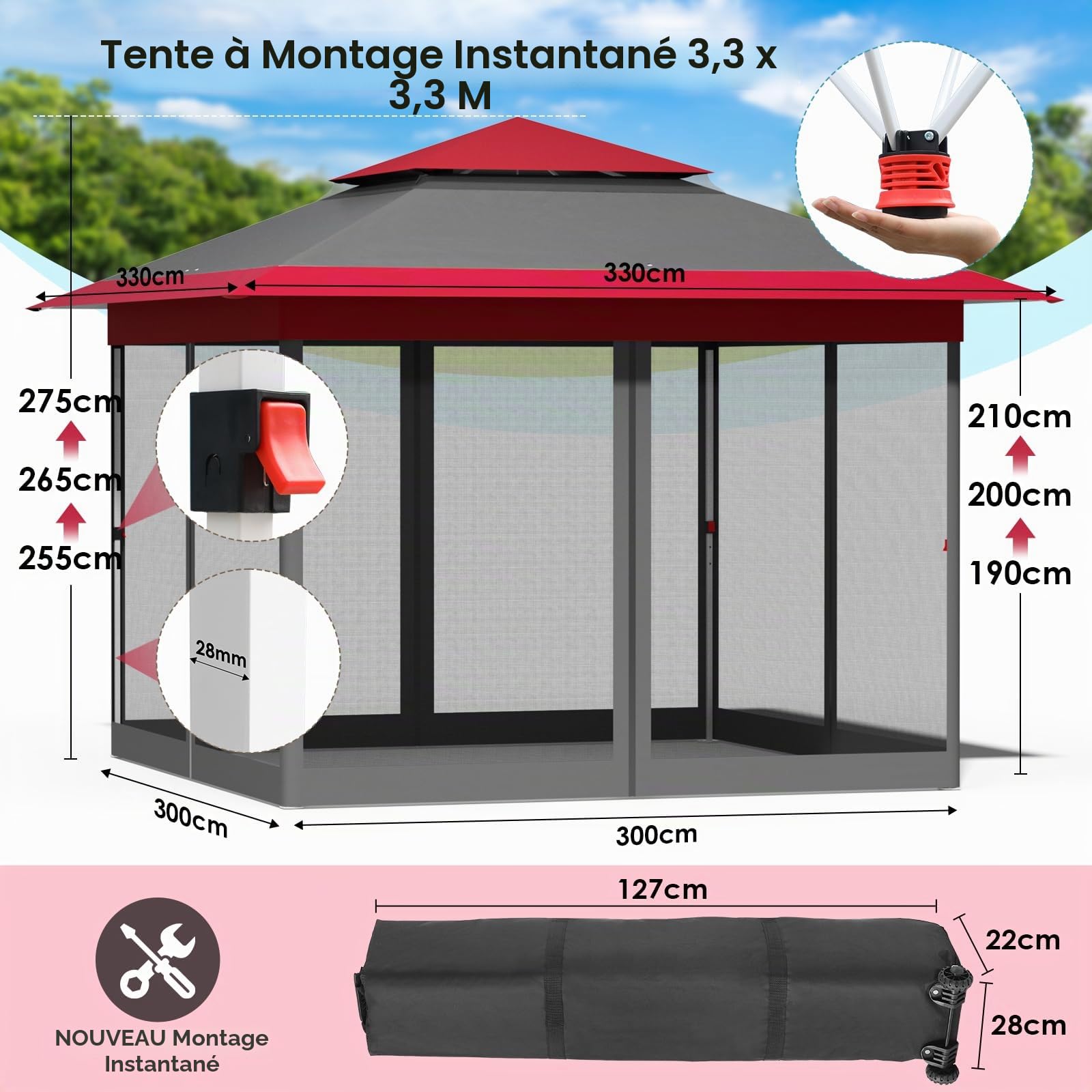 Tonnelle Pliante 3,3 x 3,3 imperméable, avec 4 Toiles Moustiquaires, One Push Tonnelle de Jardin, Tente de fête à Double Toit, 4 PCS Sacs de Sable, pour terrasse/marché/Camping/Plage, Rouge Gris