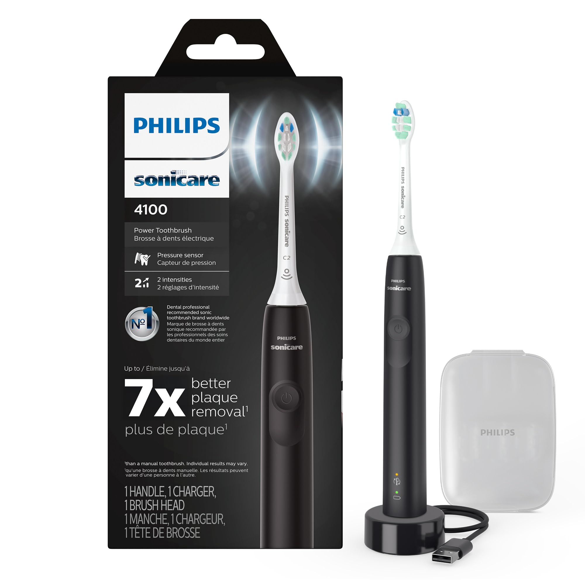 4100 Rechargeable Electric Toothbrush, Advanced Plaque Removal, Pressure Sensor, Includes Brush Head Case, Black BD5003AZ