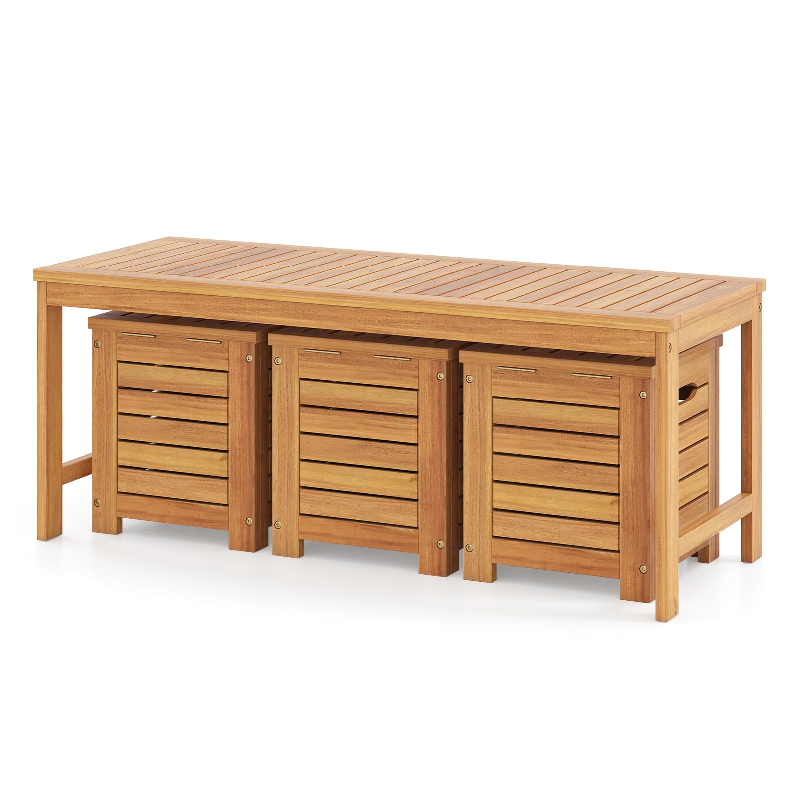 COSTWAY Gartenbank Holz mit 3 Aufbewahrungsboxen, Holzbank Wetterfest