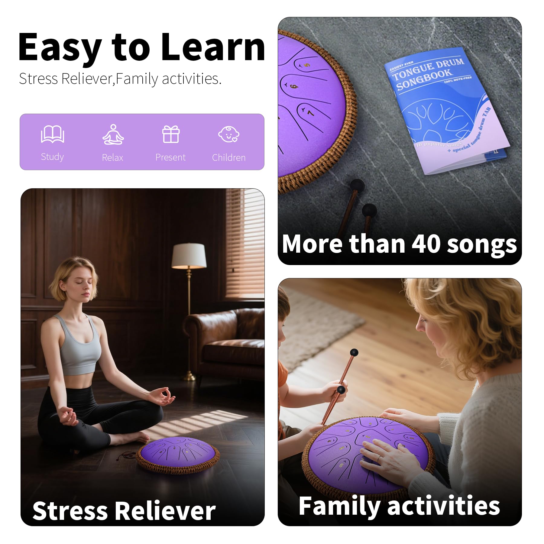 Tambour à langue en acier de 33 cm, 15 notes, do majeur 440 Hz pour adultes, enfants et débutants, cadeau de méditation, avec livre de musique, maillets et sac de transport (violet)