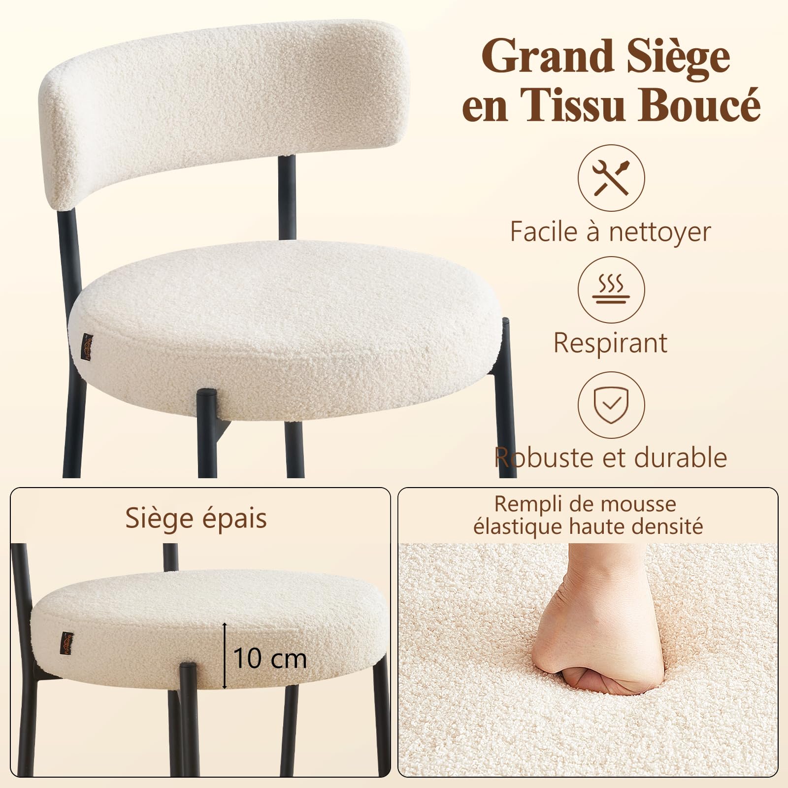 Lot de 2 Tabouret de Bar, Chaise de Bar, Chaise de Cuisine Hauteur 63.5cm, Tabourets de Comptoir, Tabouret de Bistrot, Siège Rembourré avec Dossier, Repose-Pieds pour Cuisine, Bar, Blanc