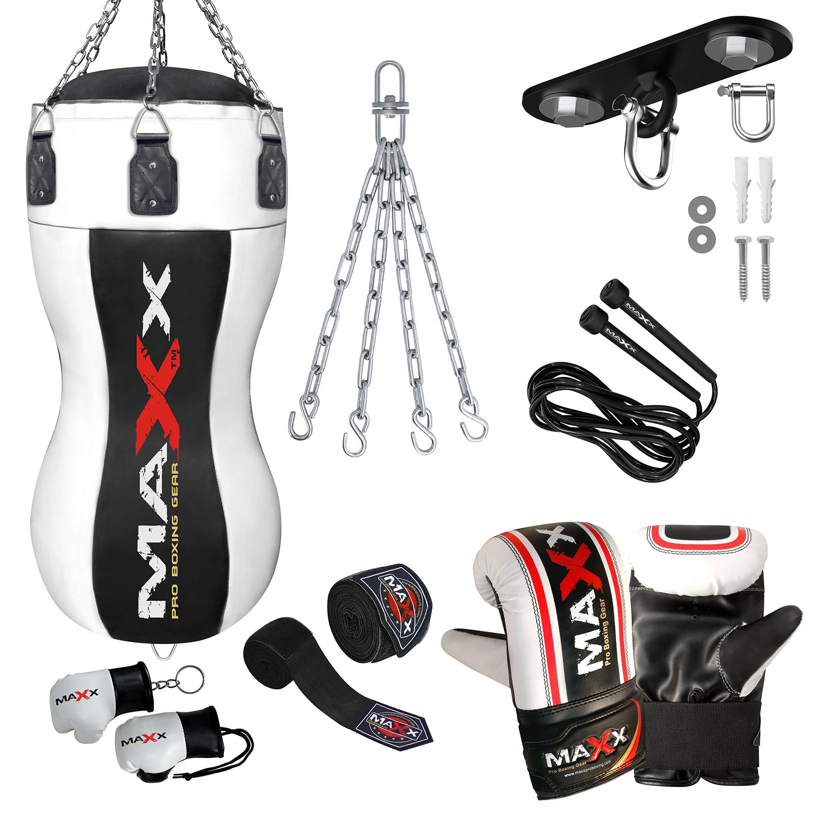 Maxx Black/White Heavy Duty Punch Bags - Uppercut, Triple, Angle, Wrecking & More (BODY BAG, BAG +10PCS SET WTH HOOK)