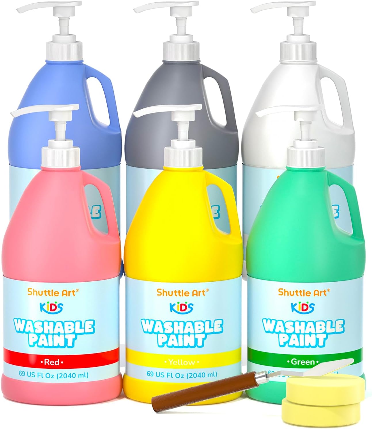 Shuttle Art 6 Colors Washable Paint for Kids, 69 oz Bulk Tempera Paint with Pump, Non-Toxic Kids Washable Paint for Art and Crafts, School & Home Must Haves