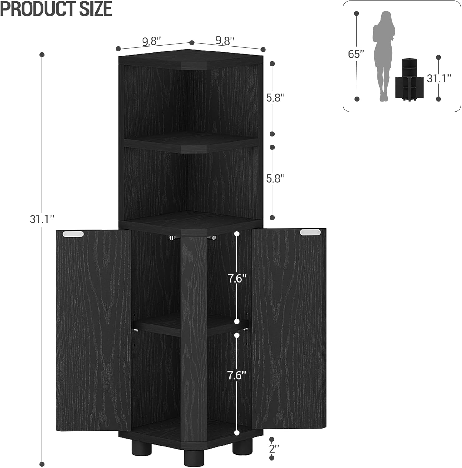 Hzuaneri Corner Cabinet, Small Bathroom Corner Cabinet with Doors, Narrow Storage Cabinets with Adjustable Shelves, Bathroom Organizers and Storage for Small Space, Black BC21004X