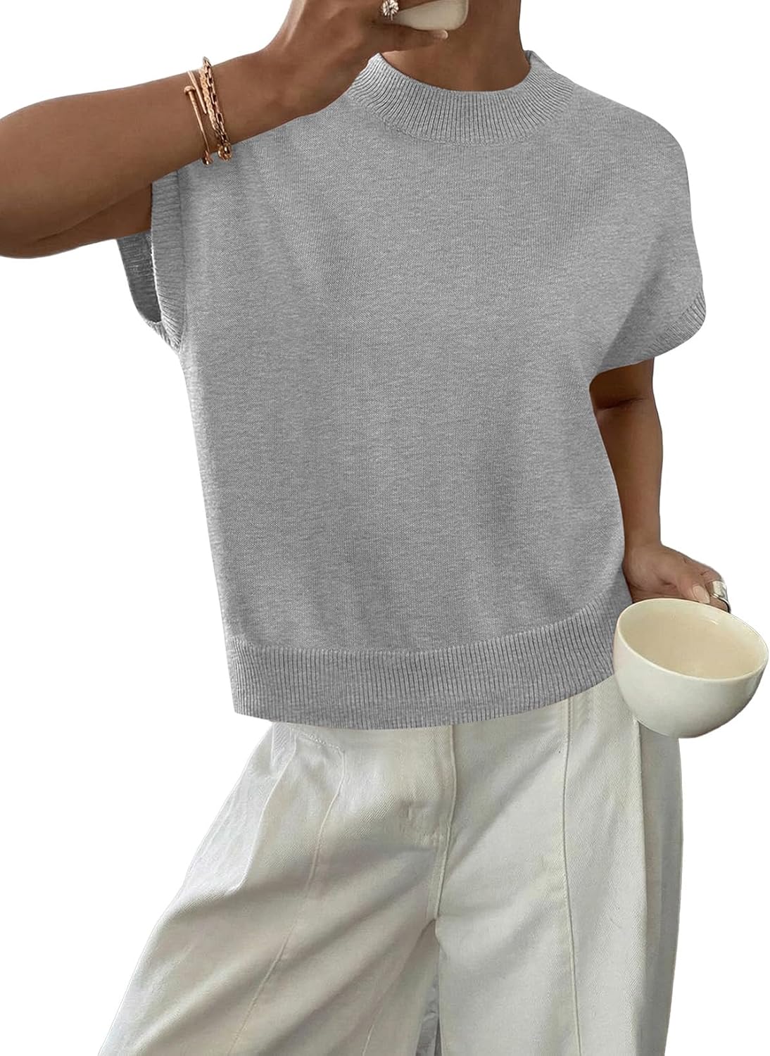 BLENCOT Womens Cap Sleeve Sweaters Summer Casual Short Sleeve Knit Tank Tops Loose Fit Crew Neck Pullover