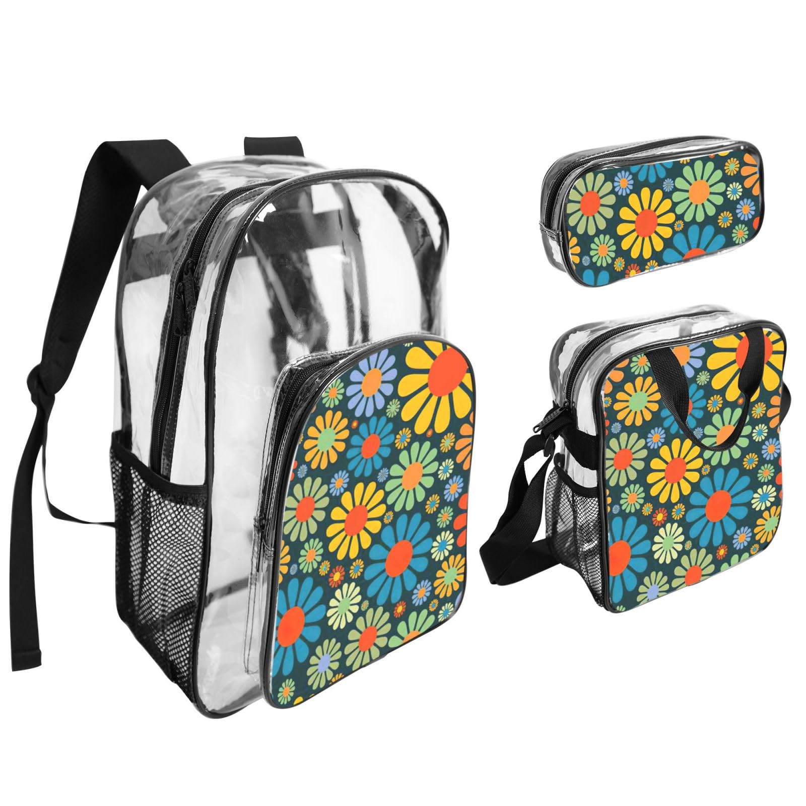 Hippie Pattern Stampa Trasparente Leggero 3 Pezzi Lunch Bag Combo Trasparente Zaino Set Scuola Viaggio