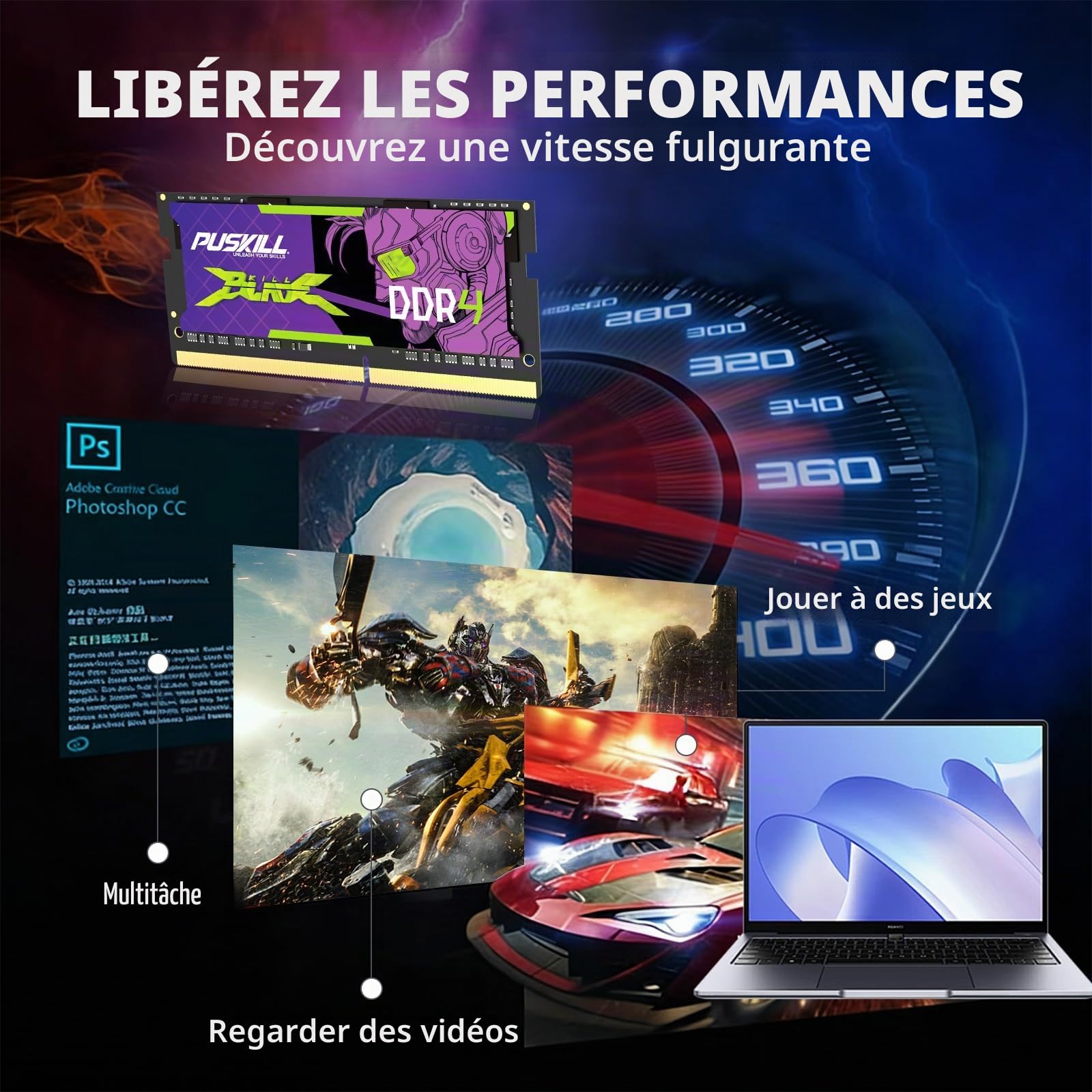 PUSKILL Mémoire RAM DDR4 16Go pour PC Portable, 3200MHz PC4-25600 CL22 1,2V, SODIMM 260 Broches, Module Unique, Mise à Niveau Plug & Play pour Ordinateur Portable, Compatible Intel et AMD | Mise à niveau pour ordinateur portable de jeu, SODIMM 260 broches