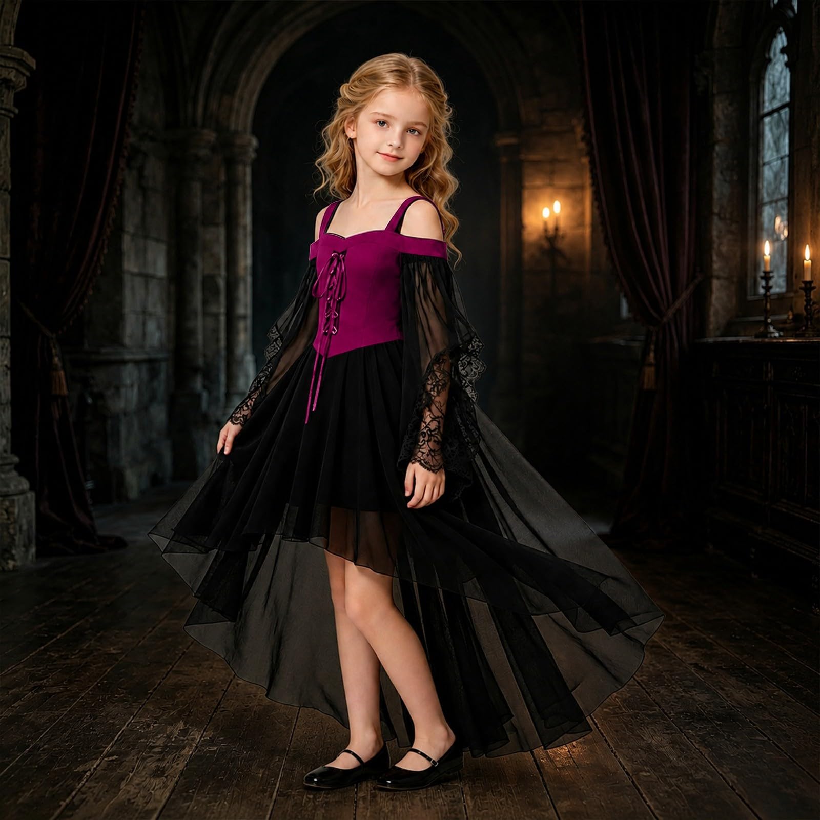 Vokuhila - Vestito medievale per Halloween, per bambine, gotico, cosplay | Vestito da principessa per bambini, a maniche lunghe, con spalle scoperte, in pizzo, stile vittoriano, vampiro, carnevale