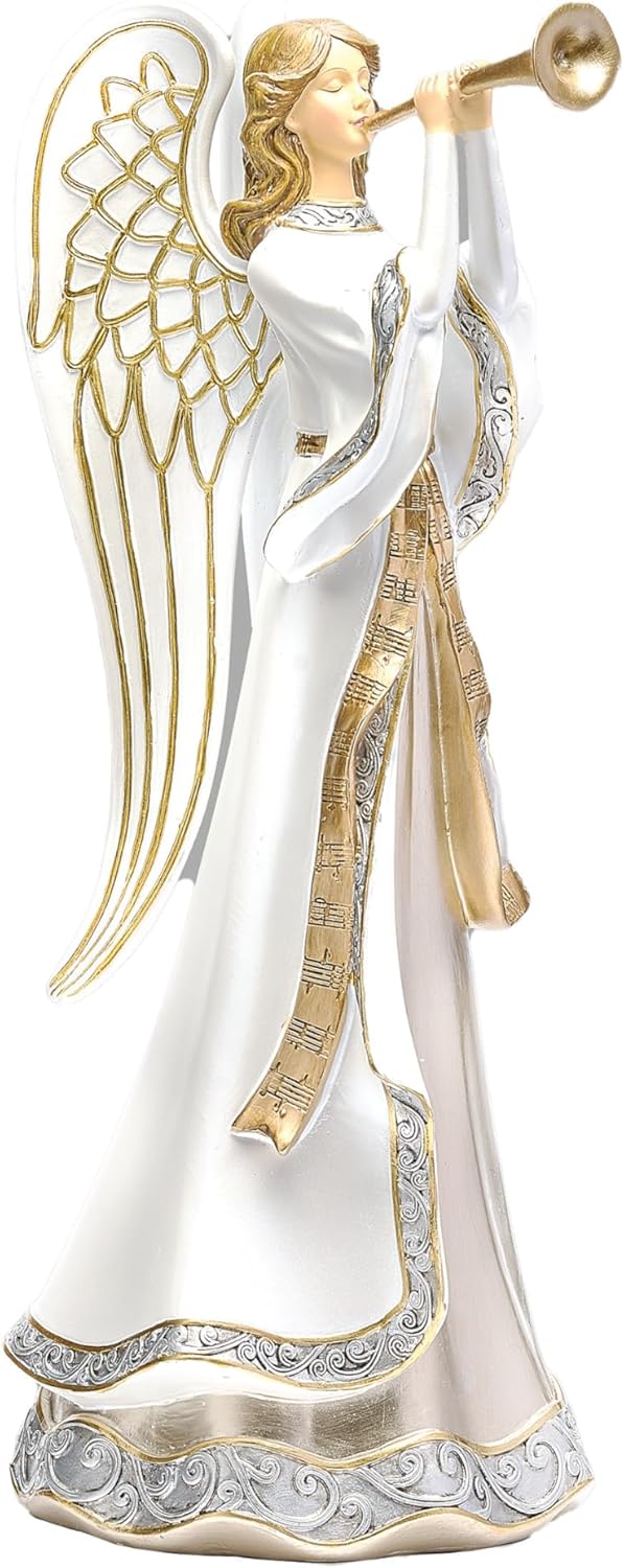 Roman, 14.75" H Gold and White Trumpeting Angel Figure, Religious Christmas Decoration, Tabletop Holiday Decor