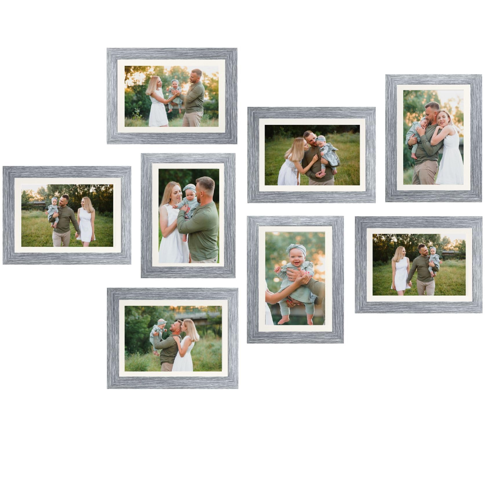 Collage Picture Frame Set, Black, Set of 8, A4 and 6 x 4 Multi Frames, Picture Photo Frame Set, Wall Collage (Light Grey, ALL 7X5)
