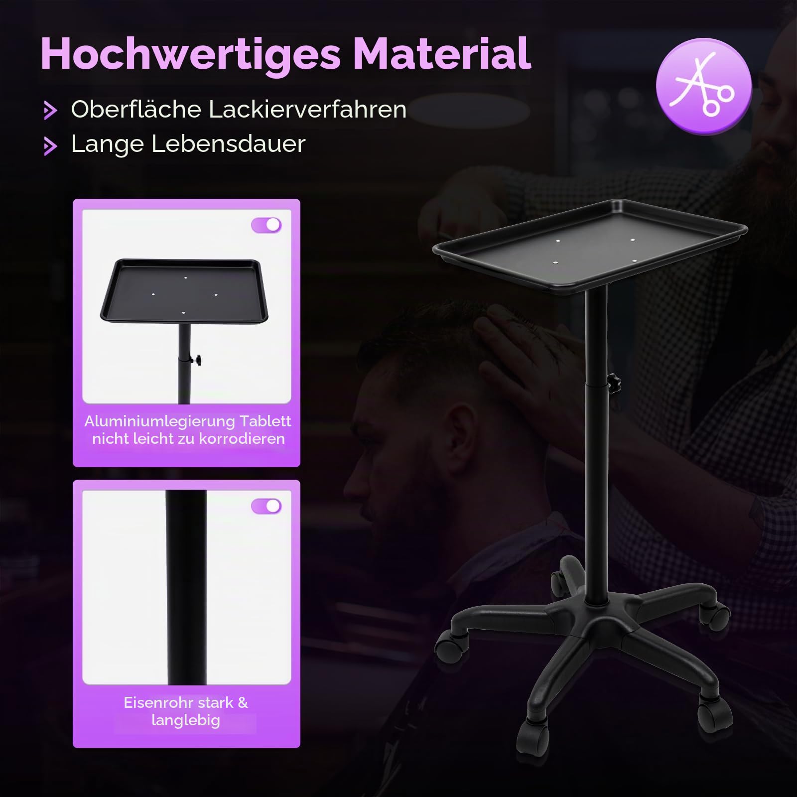Professional Salon Tattoo Instrument Tablett, Rollwagen, mobiler Ständer, höhenverstellbar, Schwarz