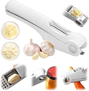 Upgrade 4-in-1 Garlic Press Cutter Cutter Chopper Crusher Presses Crusher Masher Tool, Stainless Steel Blades, Vegetable Peeler, Can Opener (White)