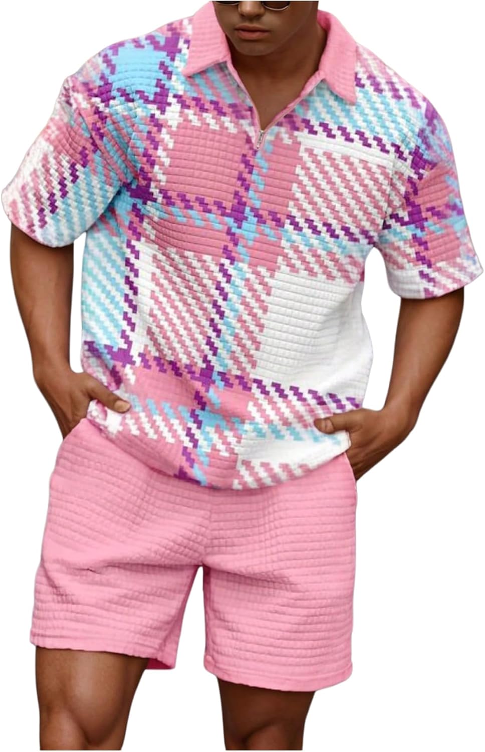 Floerns Men’s 2 Piece Outfit Tracksuit Plaid Half Zip Short Sleeve Shirt with Shorts Set