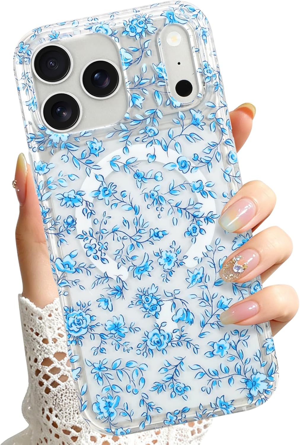 Magnetic Clear Phone Case Compatible with iPhone 17 Pro [Not Yellowing.Military Grade Drop Protection/Compatible with Magsafe] - Floral Print - Clear