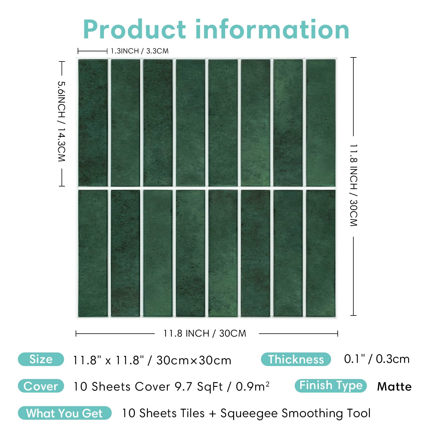 Commomy Credence Adhesive pour Cuisine Salle de Bain, Mat Vert Foncé, Faux Carrelage Adhesif Mural Cuisine Dalle PVC Adhesive Murale, 10 Pièces, 30 x 30 cm