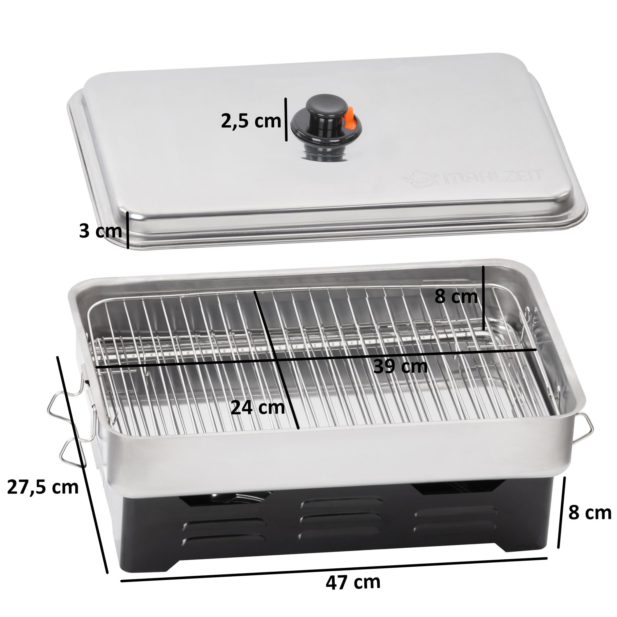 Mahlzeit Edelstahl Tischräucherofen | 47 x 27,5 x 20 cm | Tischräucher-Set, Räucherofen, Smoker, Fischofen | Räucherbox, Tisch Räucherkasten, Räucherkiste | Räucherzubehör, Räucher-Set