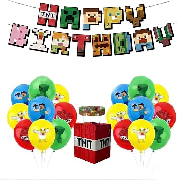 Miner Theme Party Decoration Set   Pixel Game Style Venue Setup Kit with Birthday Banner & Latex Balloons for Gaming Celebration & Home Backdrop Display