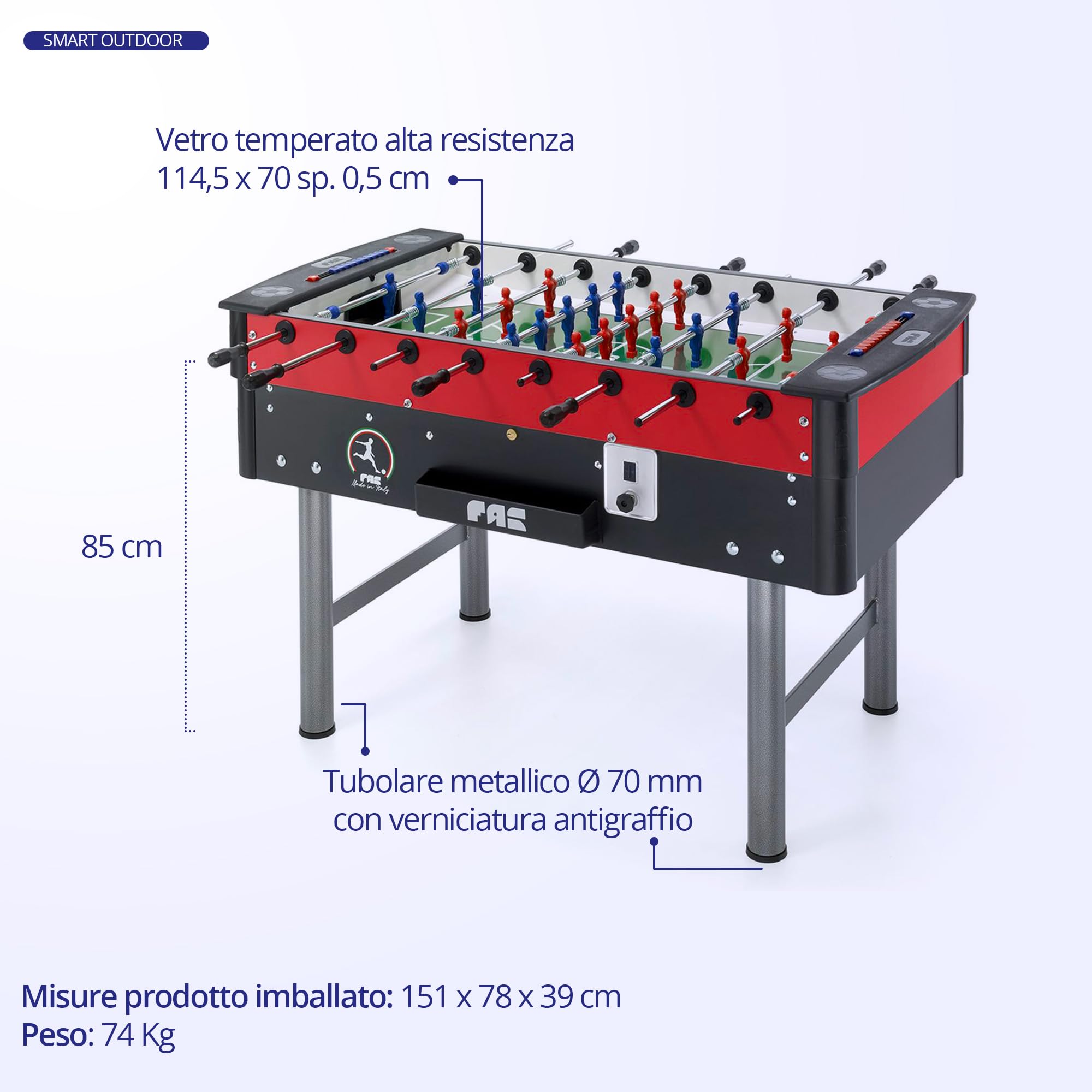 FAS PENDEZZA Calcio Balilla Mundial - Biliardino Professionale di Design, Uso interno, Campo in Vetro Temperato, Aste Passanti, Gettoniera 1€, Calcetto Balilla cm 146x78x76, Include 10 Palline