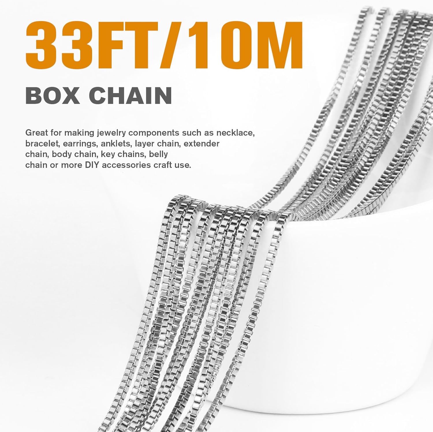 33FT Stainless Steel Box Chains Roll, 1.5mm 304 Stainless Steel Box Chain Spool Bulk for DIY Jewelry Making Necklace Bracelet - Image 2