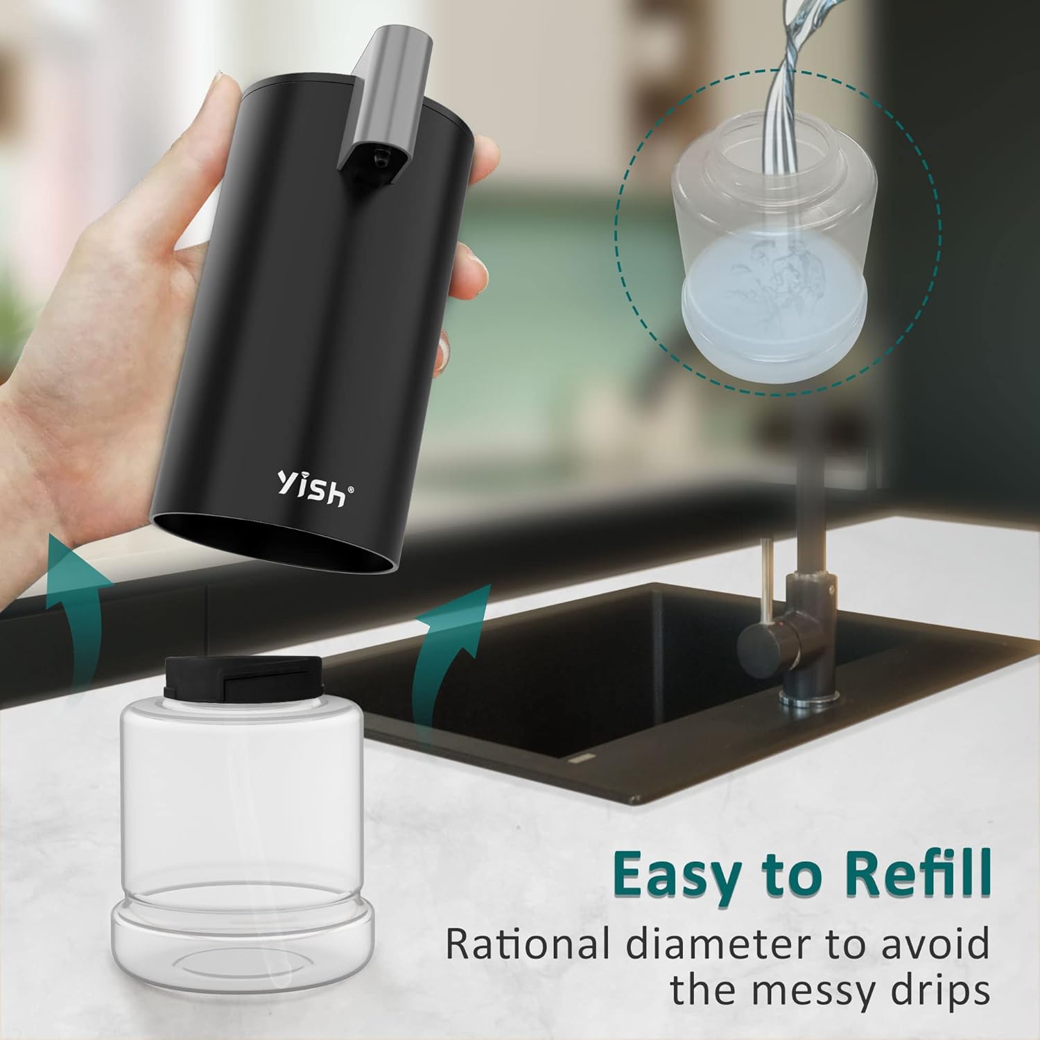 Touchless Automatic Foaming Soap Dispenser: YISH Bathroom Countertop Soap Dispenser Black Electric Hand-Free Soap Dispenser Rechargeable Auto Non-Touch Foam Soap Dispenser for Kitchen : Home & Kitchen