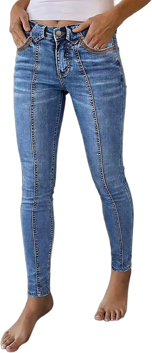 Flamingals Women's Skinny Jeans Butt Lifting Stretchy Mid Rise Tummy Control Wash Stitch Detail Denim Jeans