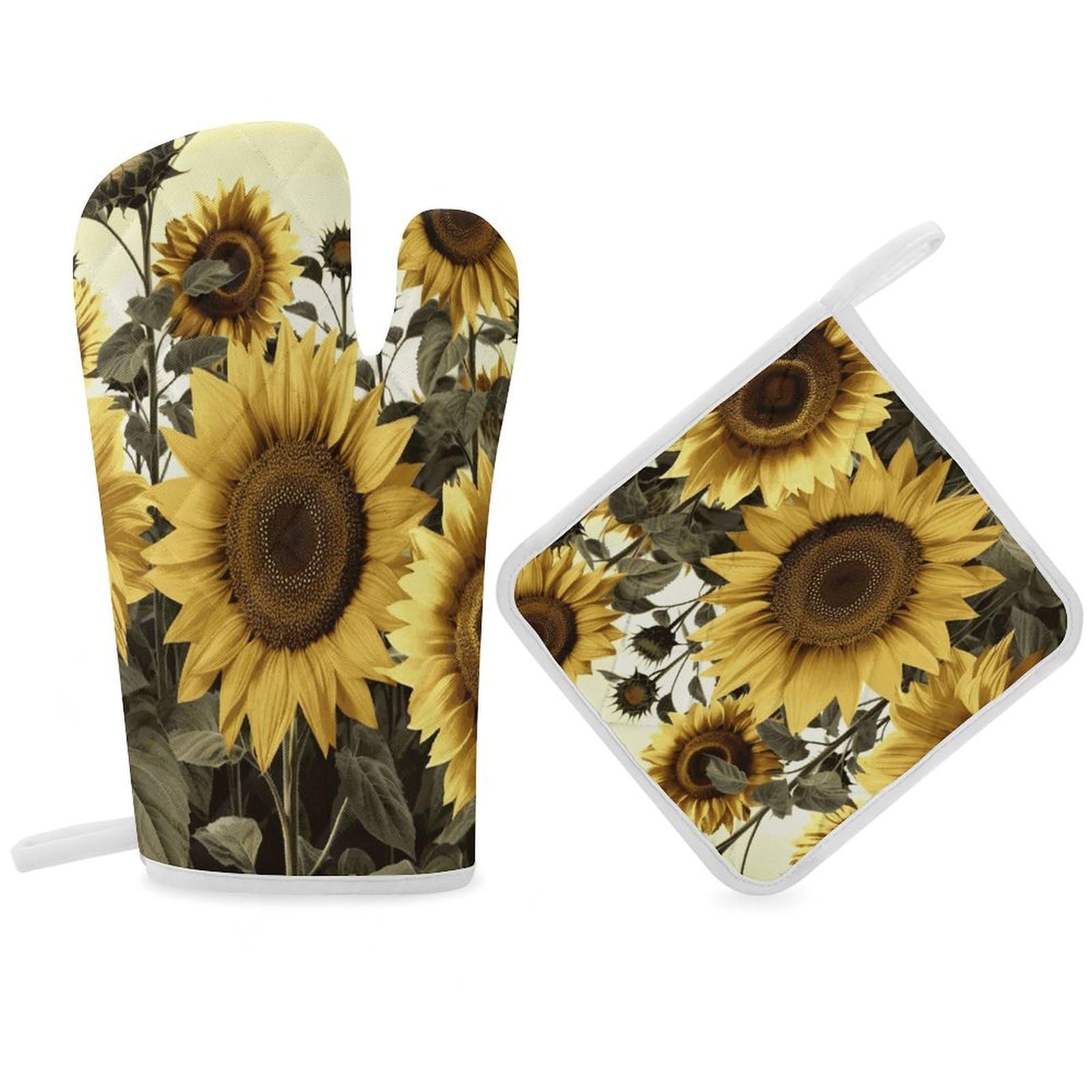 Yellow Sunflower Floral Oven Mitt Thick Substantial Heat Insulation Gloves Soft Skin-Friendly Temperature Resistant Oven Mitts for Cooking Lover Cooks
