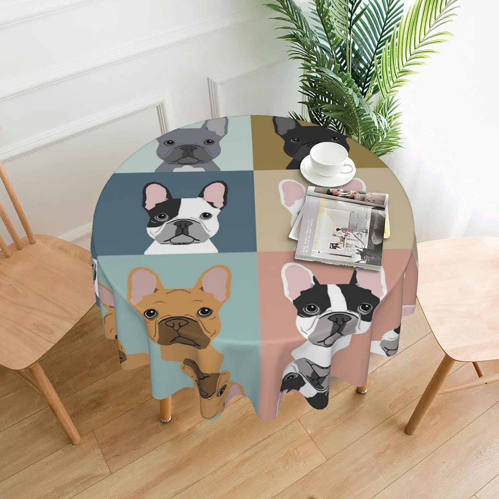 Lawenp French Bulldog Decorative Round Table Cloths - 60 Inches in Diameter for Buffet Tables, Parties, Holiday Dinners.
