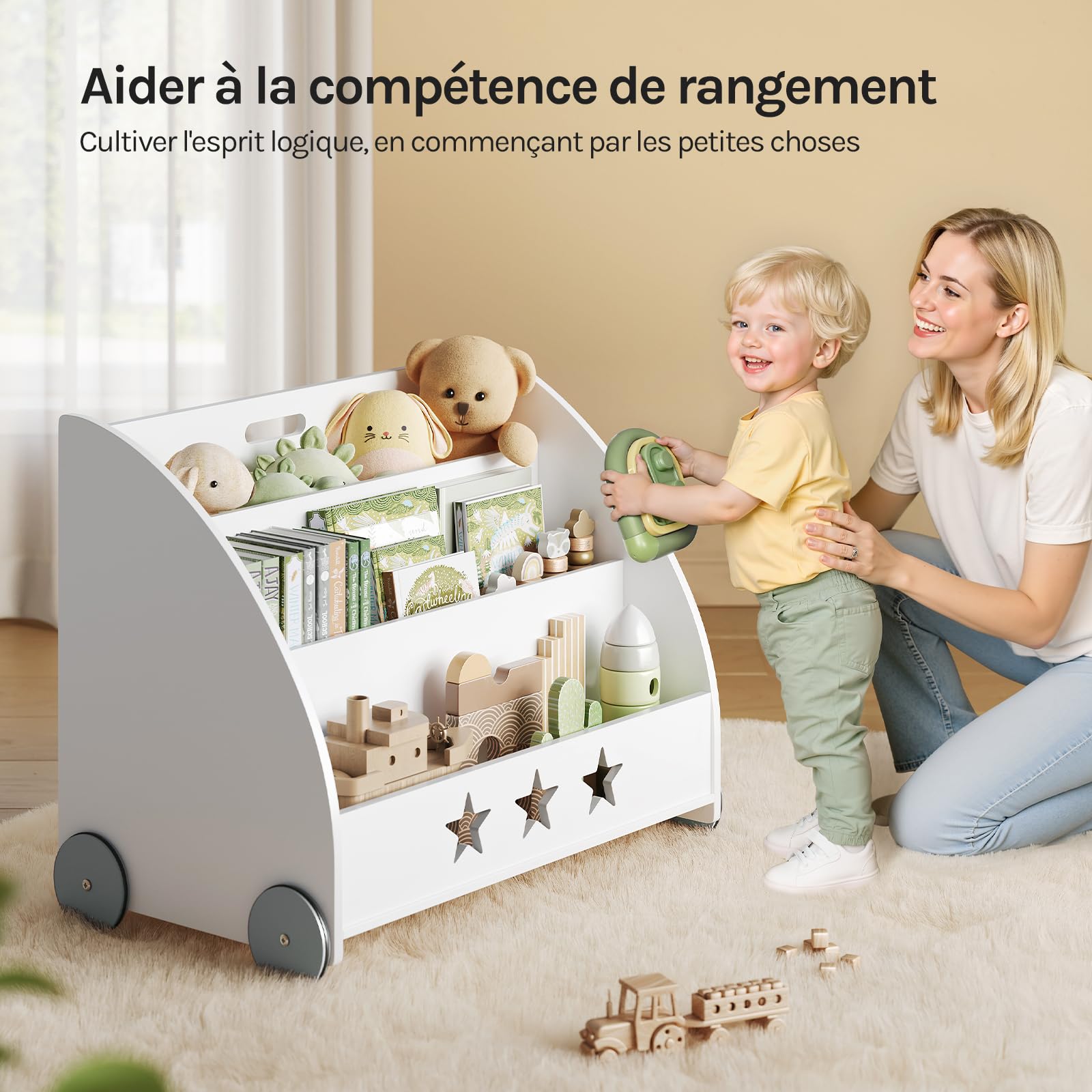 WOLTU Bibliothèque pour Enfants en Bois, Étagère à 3 Niveaux | pour Livres, avec Roues pour Chambre d'enfant, Blanc