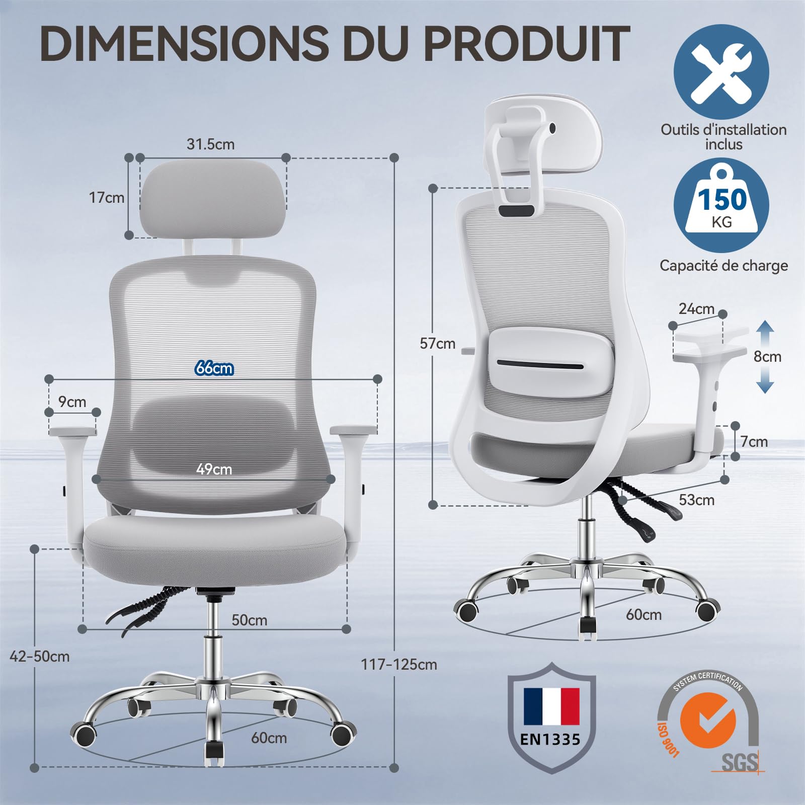naspaluro Chaise Ergonomique Bureau Maille, Accoudoirs 3D, Charge 150kg