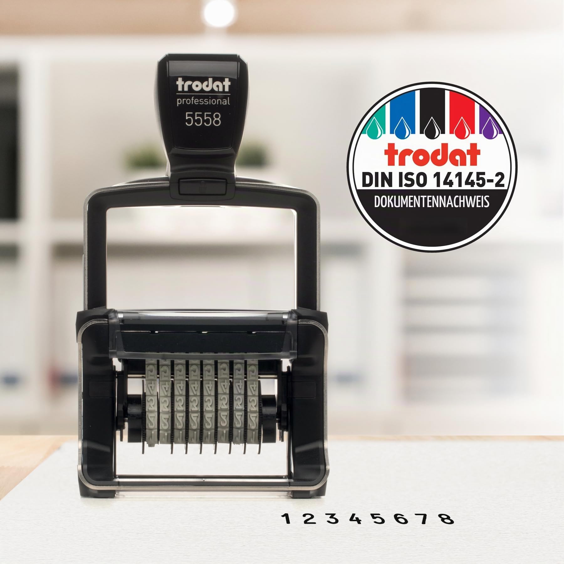 Trodat Professional 5558 Nummernstempel 8 Bänder, Selbstfärbend, 5 mm Schrifthöhe, Abdruck schwarz | Bürostempel, Abdruck 40x5 mm, Abdruck schwarz, selbstfärbend, dokumentenecht, archivierbar, Schrifthöhe 5 mm