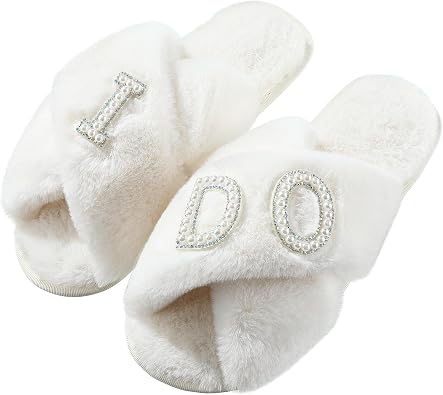 حذاء زفاف نسائي من Xuhal Bride Slippers I Do Slippers للعروس، فروي فخم، أبيض دافئ، مفتوح الأصابع، مريح ورقيق، حفل زفاف، منزل ناعم غامض لحفلة توديع العزوبية