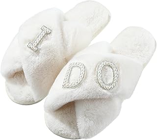 Bride Slippers I Do Slippers Women's Wedding Shoes for Bride Plush Furry Warm White Open Toe Cozy Fluffy Bridal Party Wedding Fuzzy Soft House for Bachelorette Party