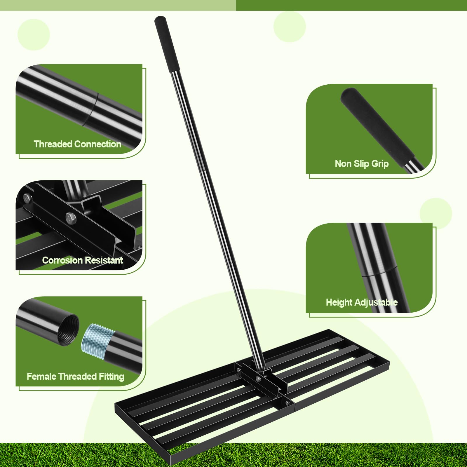 Incikiti Rastrillo nivelador de césped, 76 x 25 cm, con mango ajustable de 204 cm, esparcidor de tierra y arena, herramienta de nivelación resistente para patio, jardín, campo de golf y campos