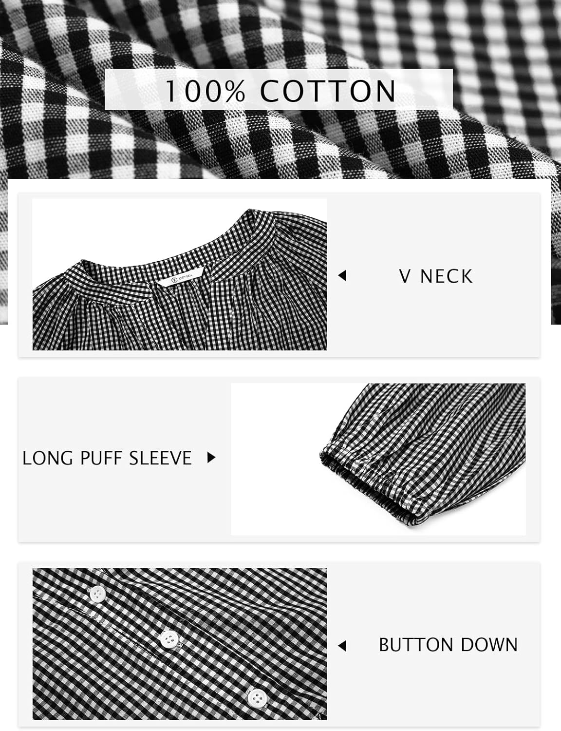 Cicy Bell Womens Puff Long Sleeve Blouse Gingham Pleated V Neck Button Down Shirts Loose Fit Dressy Casual Fall Tops - Image 4