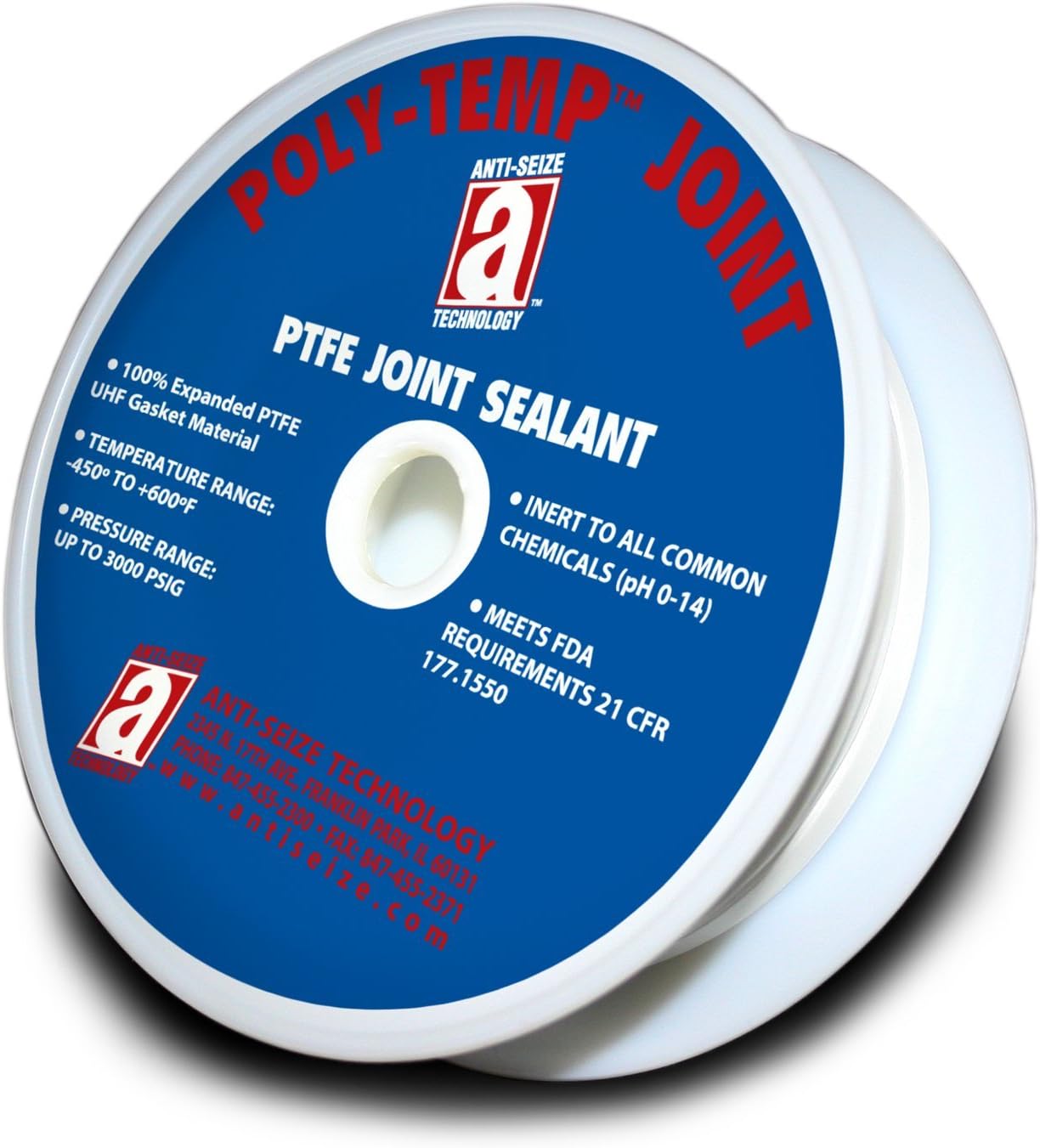 Poly-Temp 28010 White Joint Sealant 100% PTFE Gasket Material Expanded UHF Adhesive Tape, 3/8" x 25'