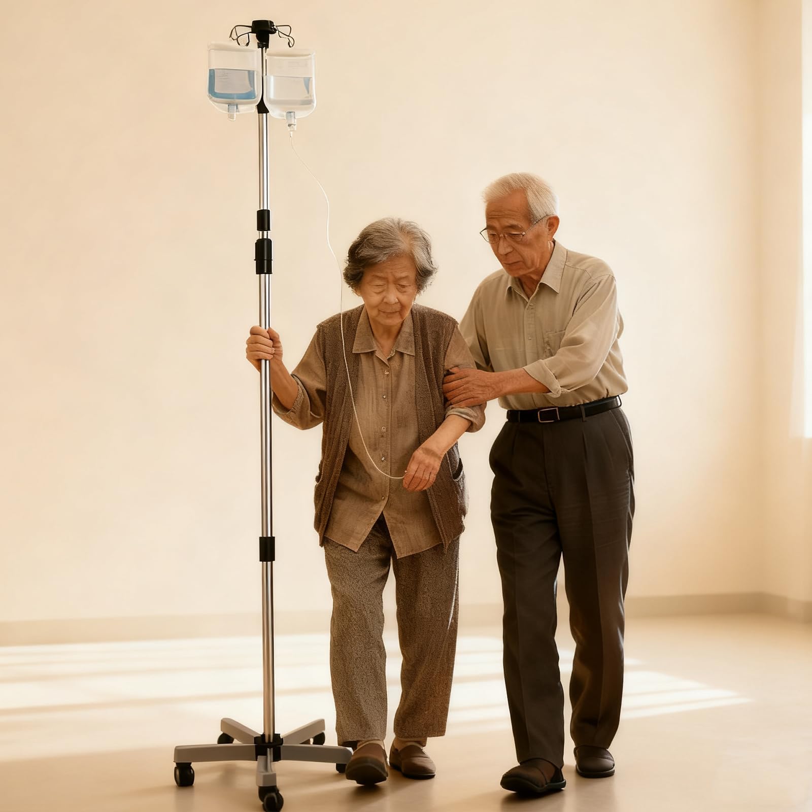 Faltbarer Infusionsständer mit Rollen - Tragbarer IV-Ständer mit 4 Haken, Verstellbare Höhe 109-211 cm, Edelstahl Tropfständer für Krankenhaus, Klinik, Zuhause