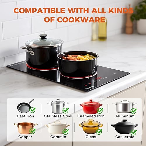 Miniatura 6 de Placa de cocina eléctrica, 2 quemadores integrados, 110 V, enchufable, estufa de 12 pulgadas con control táctil, temporizador, bloqueo para niños,