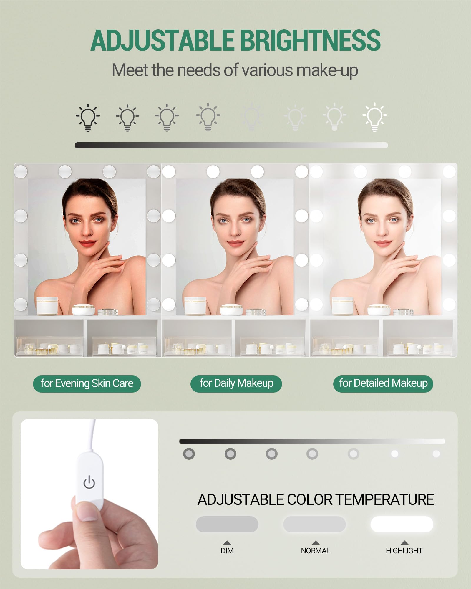 Hzuaneri Toeletta da Trucco, Luminosità Regolabile,Tavolo da Trucco con Specchio Grande, ampio cassetto e armadietto, Durevole e stabile, Moderno, Bianco, VT08103X