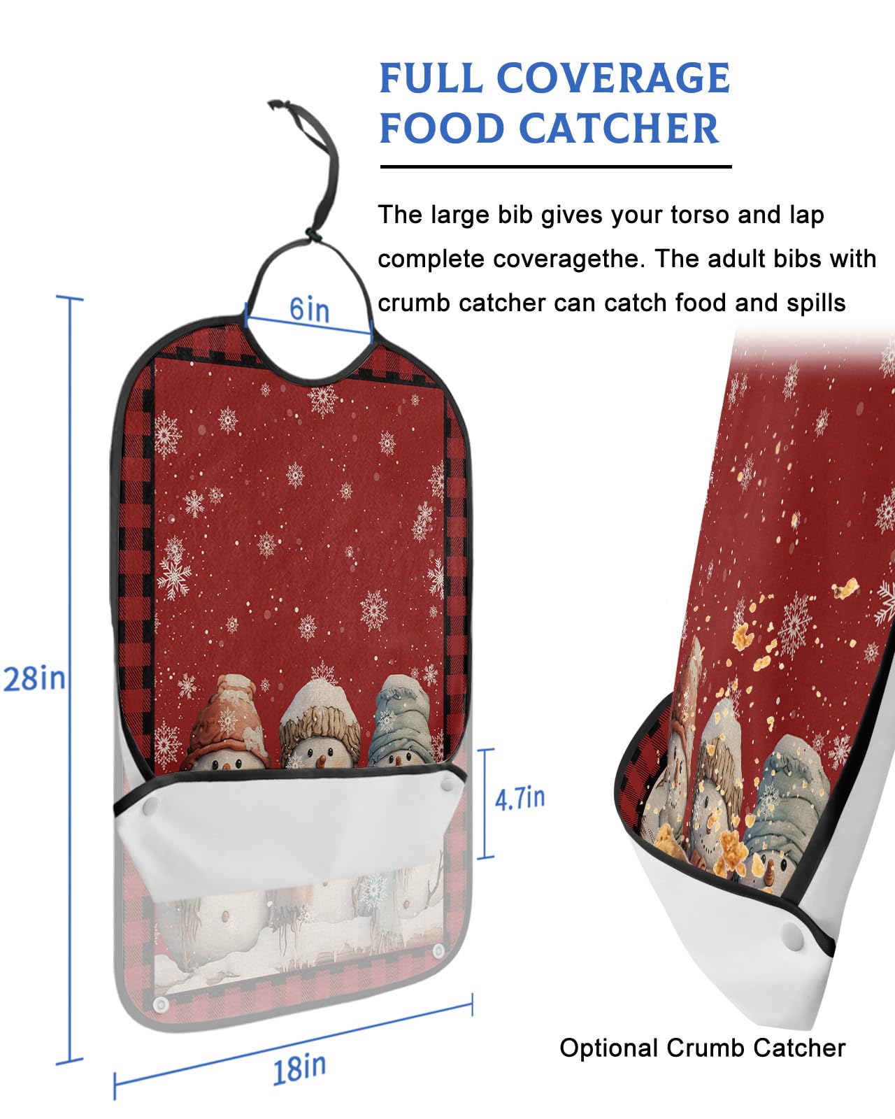 Adult Bibs for Elderly Women - Christmas Waterproof Dining Clothing Protectors with Crumb Catcher for Eating/Feeding, Xmas Red Snowman Winter Snowflake Black Plaid Terry Cloth Bib Machine Washable