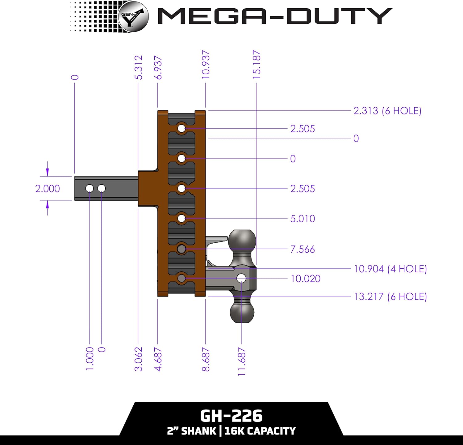 GEN-Y Hitch Offset Tow Hitch for 2" Receiver - 2.5" Rise/5" Drop with 4 Adjustable Positions, Includes Dual Ball Mount, Pintle Lock and Pins, 16,000 lbs Towing Capacity, 2,000 lbs Tongue Weight