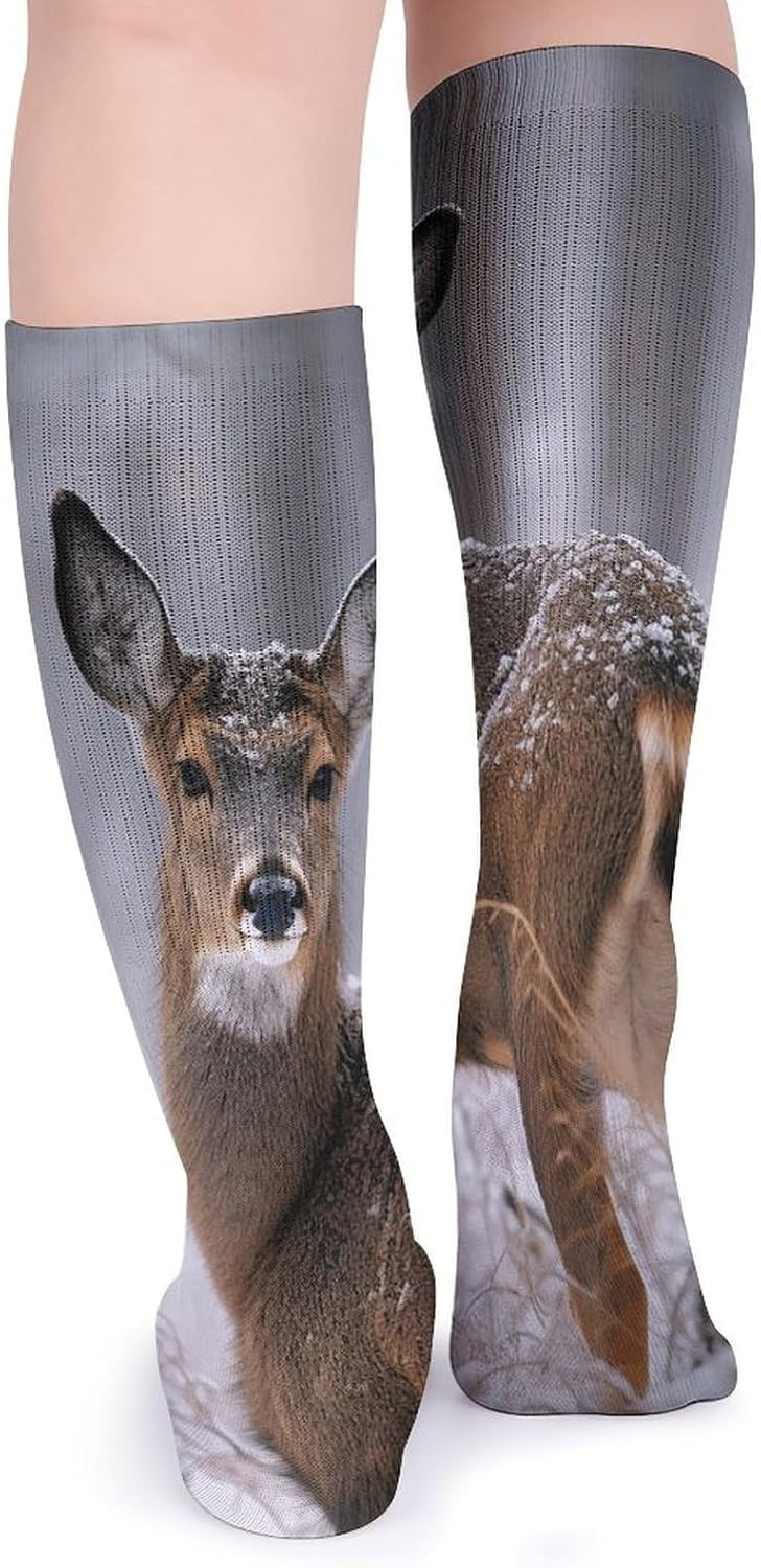 5 Pairs Knee High Socks Deer Behind Tree Long Tube Boot Seamless Toe
