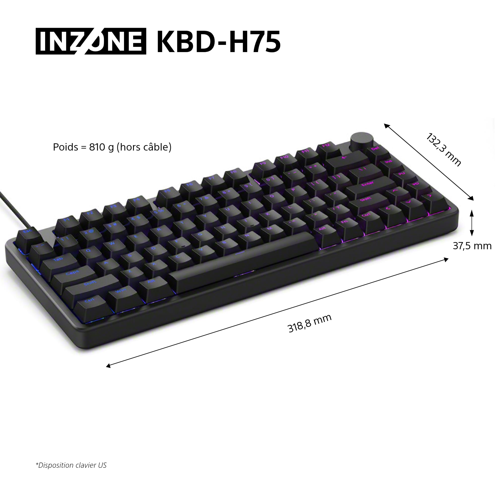 Clavier Gaming Sony INZONE KBD-H75 - Déclenchement Rapide, commutateurs magnétiques, actionnement réglable, 75% TKL, fréquence de rafraîchissement de 8 000 Hz, RGB, PC FPS, Disposition AZERTY - Noir