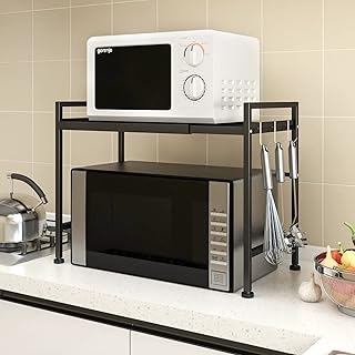 TAGLINES Expandable Metal Microwave Oven Rack Shelf Kitchen Supplies Tableware Storage Carbon Stainless Steel Counter Rice Cooker Stand Contains 2 Tiers with 3 Hooks Black(2022 version, MORE STRONG)