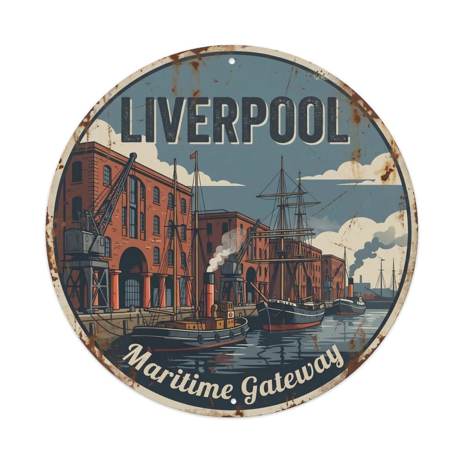 Vintage Travel Liverpool Docks England Metal Tin Sign Plaque Wall Decor for Cafe, Club Bar, Office, Home Garden Round Metal Poster 8x8Inch