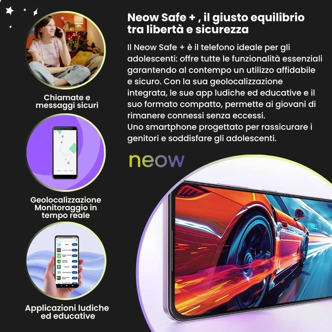 Neow Safe + Smartphone Android 15 4G 128 Go | Schermo HD+ da 6,52" | Smartphone per adolescenti | App scolastiche e divertenti preinstallate | Controllo genitori (nero)