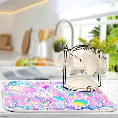 Miniatura 5 de Colorful unicorns Sweets Rainbow Dish Drying Mat Drying Rack Kitchen Counter Dish Drainer With Mat Tapete Para Cocina 16'' x 18''