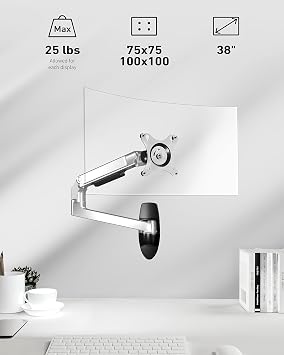 Ergounion PC Monitor Arm Wall Mount LCD Display Arm Compatible with 13~38 Inch Screens Load Capacity 11kg Wall Mount Arm VESA 75x75mm 100x100mm Compatible PC Arm Multi-Angle Adjustment Cable